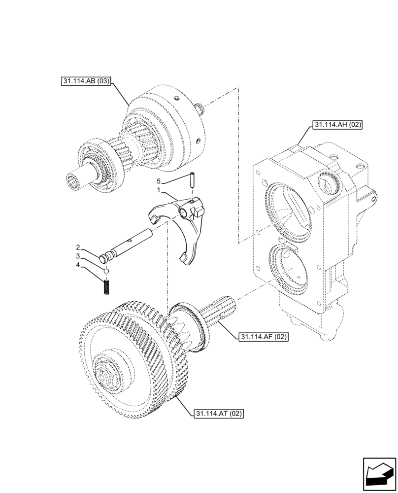 Схема запчастей Case IH FARMALL 105C - (31.114.AB[04]) - VAR - 743566 - PTO, DRIVEN SHAFT, FORK (540/540E RPM, POWERSHUTTLE) (31) - IMPLEMENT POWER TAKE OFF