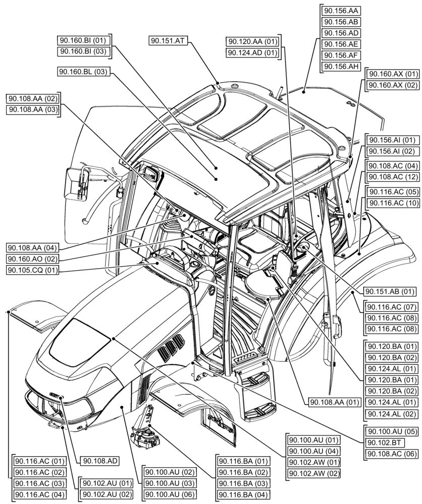 Схема запчастей Case IH FARMALL 65C - (90.000.00[02]) - SECTION INDEX - PLATFORM, CAB, BODYWORK AND DECALS (90) - PLATFORM, CAB, BODYWORK AND DECALS