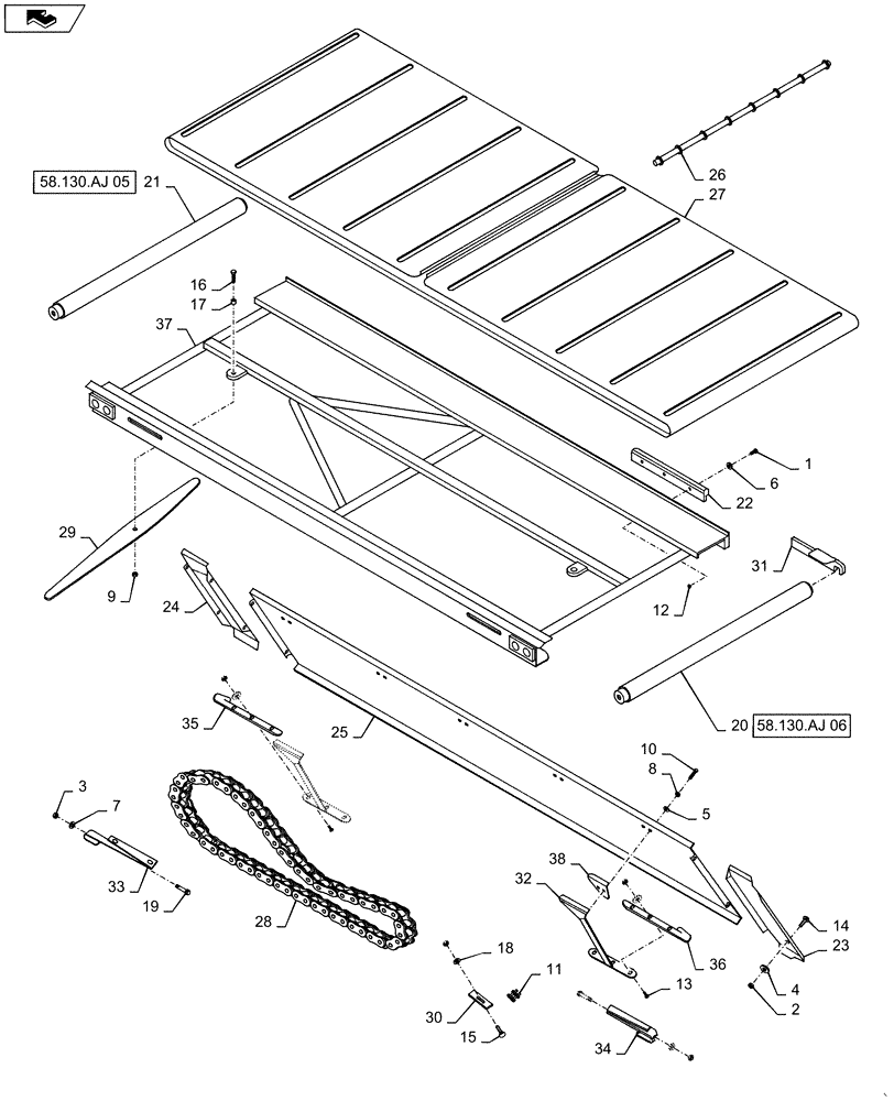 Схема запчастей Case IH DH363 - (58.130.AJ[04]) - DRAPER, DECK, DOUBLE SWATH, 25FT RH (58) - ATTACHMENTS/HEADERS