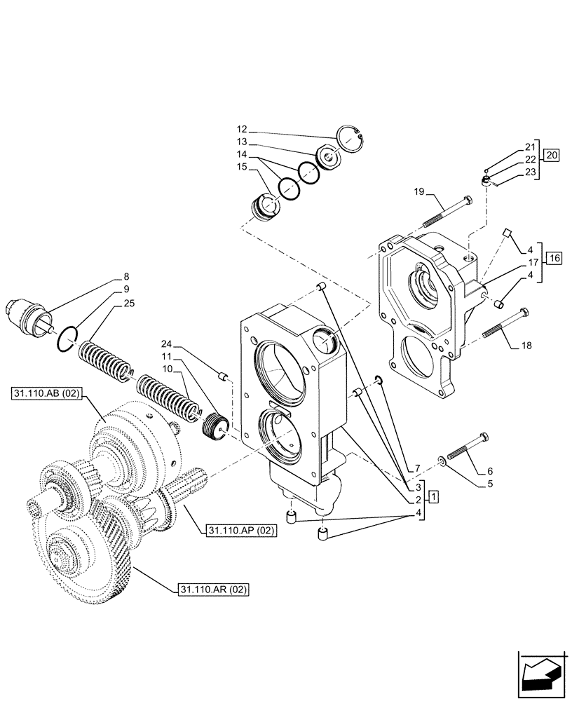 Схема запчастей Case IH FARMALL 105C - (31.110.AI[02]) - VAR - 743565 - PTO, COVERS (POWERSHUTTLE) (31) - IMPLEMENT POWER TAKE OFF
