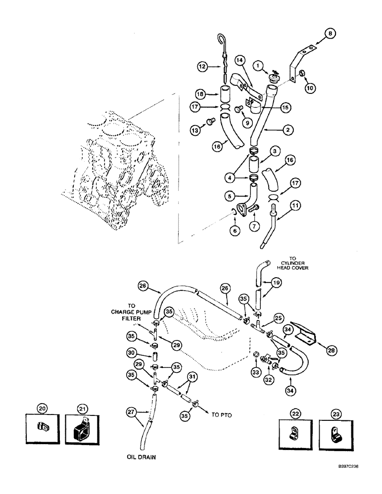 Схема запчастей Case IH 2144 - (2-45A) - ENGINE ATTACHING PARTS, OIL FILL TUBE AND DIPSTICK, OIL DRAIN SYS, COMBINE S/N JJC0173150 AND AFT (01) - ENGINE