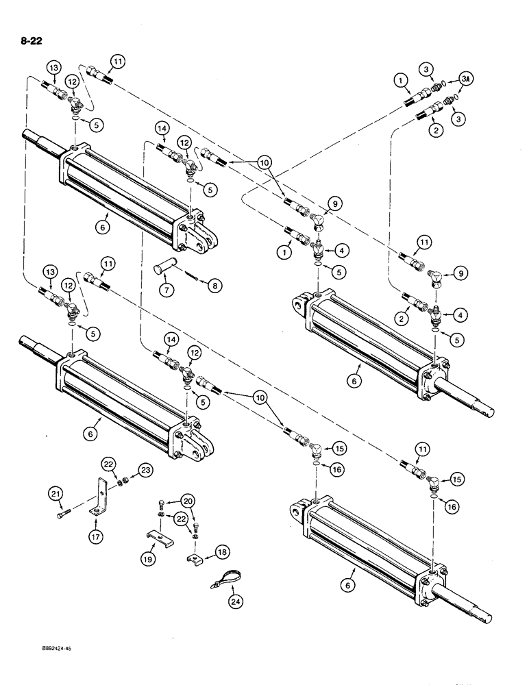 Схема запчастей Case IH 780 - (8-22) - WING LIFT HYDRAULIC CIRCUIT, 3/8" ID SUPPLY & RETURN HOSES W/ADAPTERS AT CYLINDER W/O DIVERTER VALVE (08) - HYDRAULICS