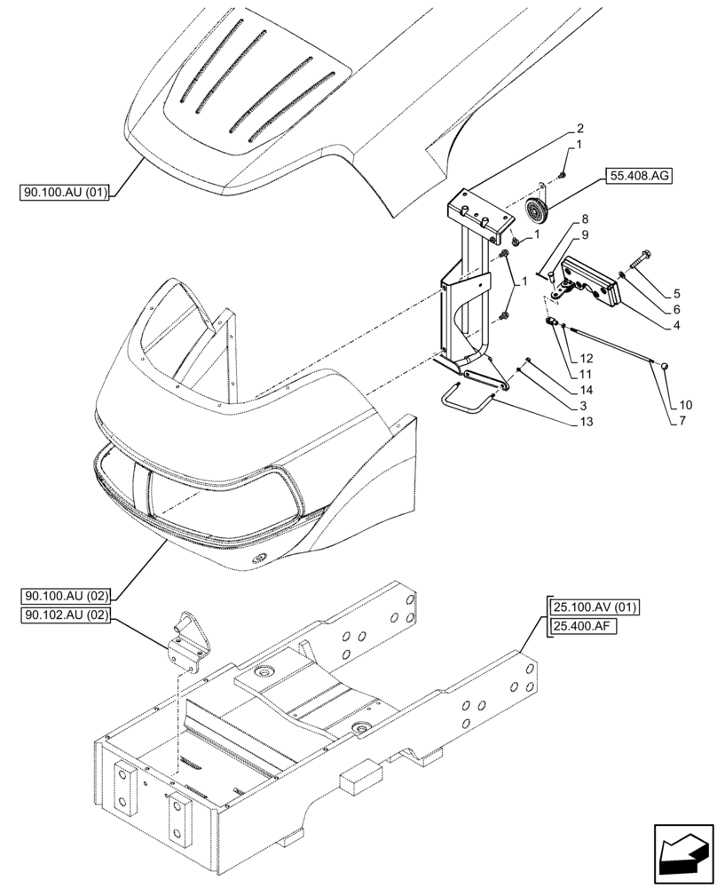 Схема запчастей Case IH FARMALL 75C - (90.102.AU[01]) - VAR - 332501, 390500 - HOOD, LATCH (90) - PLATFORM, CAB, BODYWORK AND DECALS