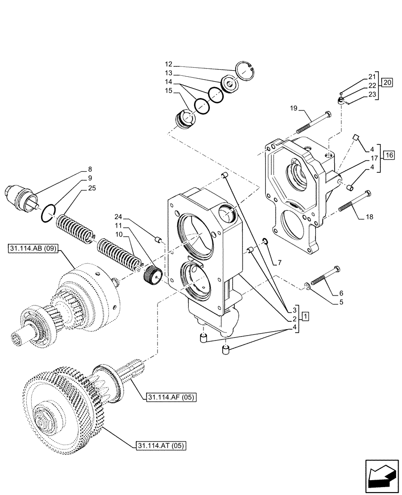 Схема запчастей Case IH FARMALL 105C - (31.114.AH[05]) - VAR - 743594 - PTO, COVER (540/1000 RPM, POWERSHUTTLE) (31) - IMPLEMENT POWER TAKE OFF
