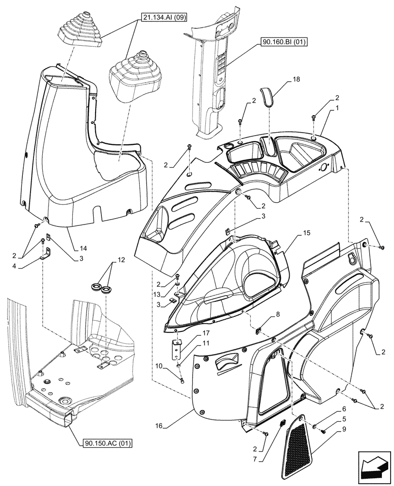 Схема запчастей Case IH FARMALL 75C - (90.160.BL[01]) - VAR - 390124 - CAB INTERIOR TRIM, RIGHT SIDE, W/O MID MOUNT VALVES (90) - PLATFORM, CAB, BODYWORK AND DECALS