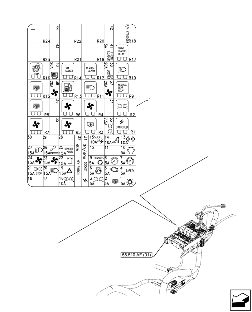 Схема запчастей Case IH FARMALL 75C - (90.108.AA[07]) - VAR - 335754, 390754 - DECALS, WIRE HARNESS, FUSE BOX, W/ CAB (90) - PLATFORM, CAB, BODYWORK AND DECALS