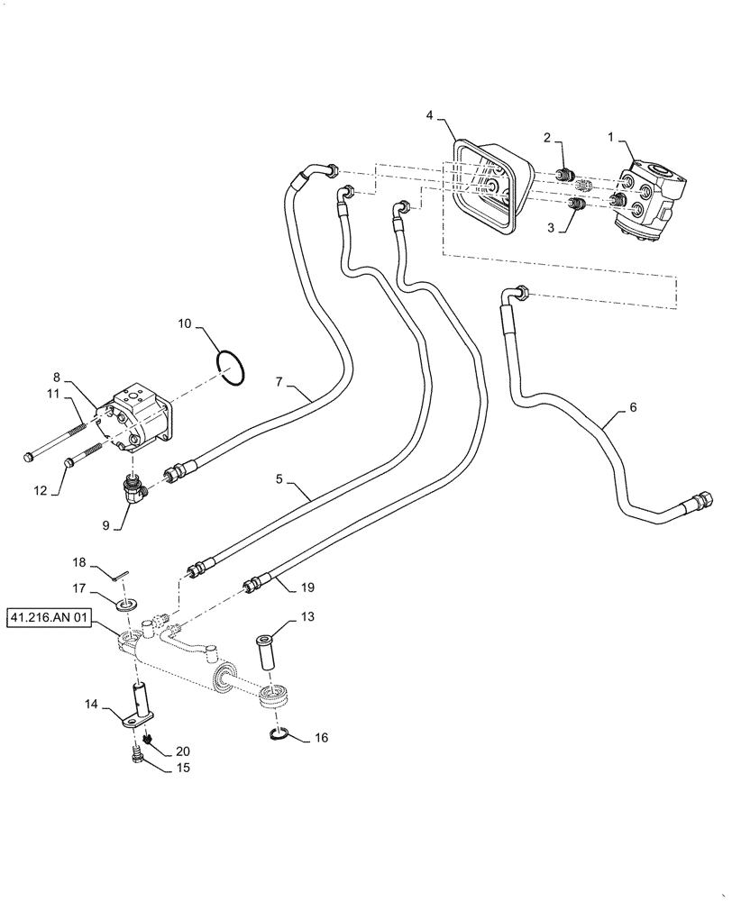 Схема запчастей Case IH FARMALL 30C - (41.216.AN[03]) - STEERING CYLINDER AND LINES, HST, FARMALL 30C, 35C (41) - STEERING