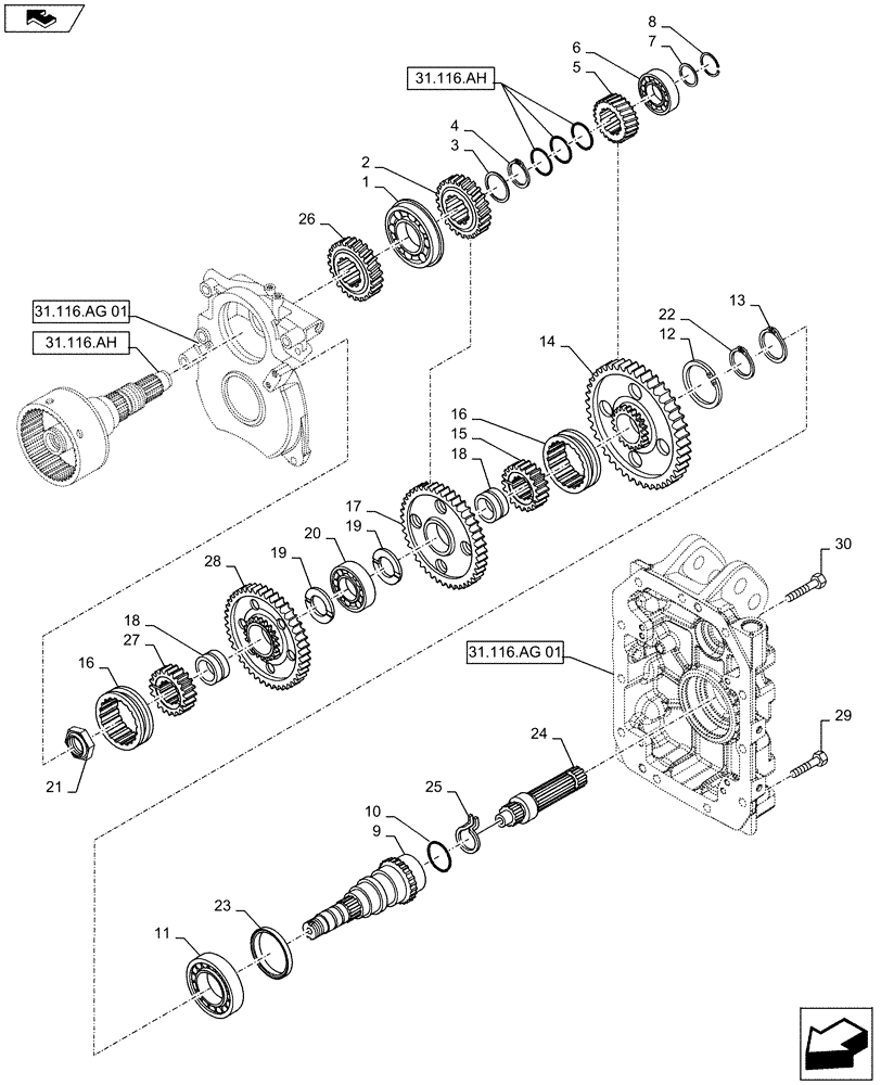 Схема запчастей Case IH MAXXUM 140 - (31.116.AF[04]) - VAR - 332805 - 3 SPEED REAR PTO - GEARS, DRIVEN SHAFT AND OUTPUT SHAFT (31) - IMPLEMENT POWER TAKE OFF