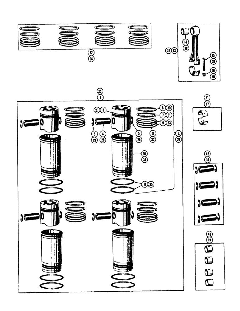 Схема запчастей Case IH 430 - (086) - PISTONS, SLEEVES AND CONNECTING RODS, NARROW FLANGED SLEEVES, 430 AND530 SERIES,188 DIESEL ENGINE (02) - ENGINE