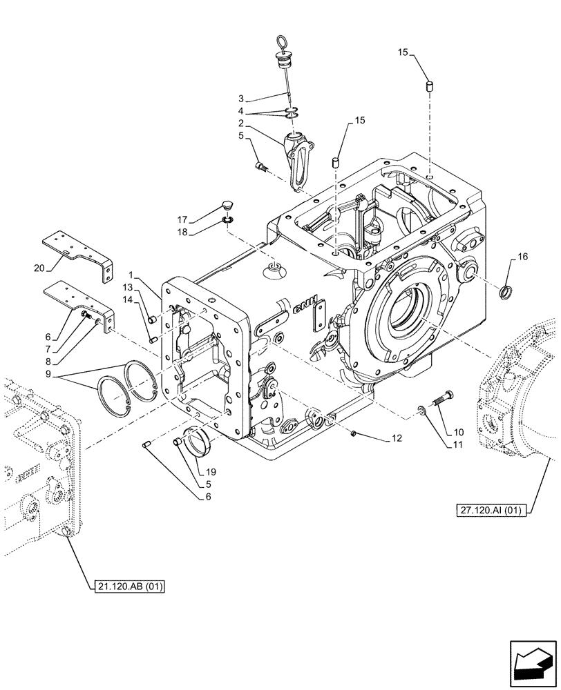 Схема запчастей Case IH FARMALL 105C - (21.118.AF[03]) - VAR - 390328, 744580, 744581, 744990, 743559 - TRANSMISSION, DRIVE, HOUSING, 4WD (21) - TRANSMISSION