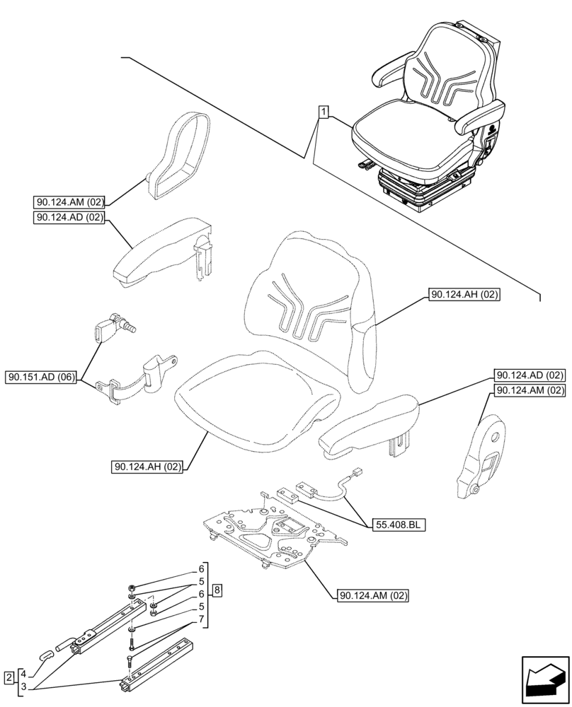 Схема запчастей Case IH FARMALL 75C - (90.124.AL[02]) - VAR - 332850 - DRIVER SEAT (W/ ARMREST, 15° SWIVEL), RAIL ASSY, CAB (90) - PLATFORM, CAB, BODYWORK AND DECALS