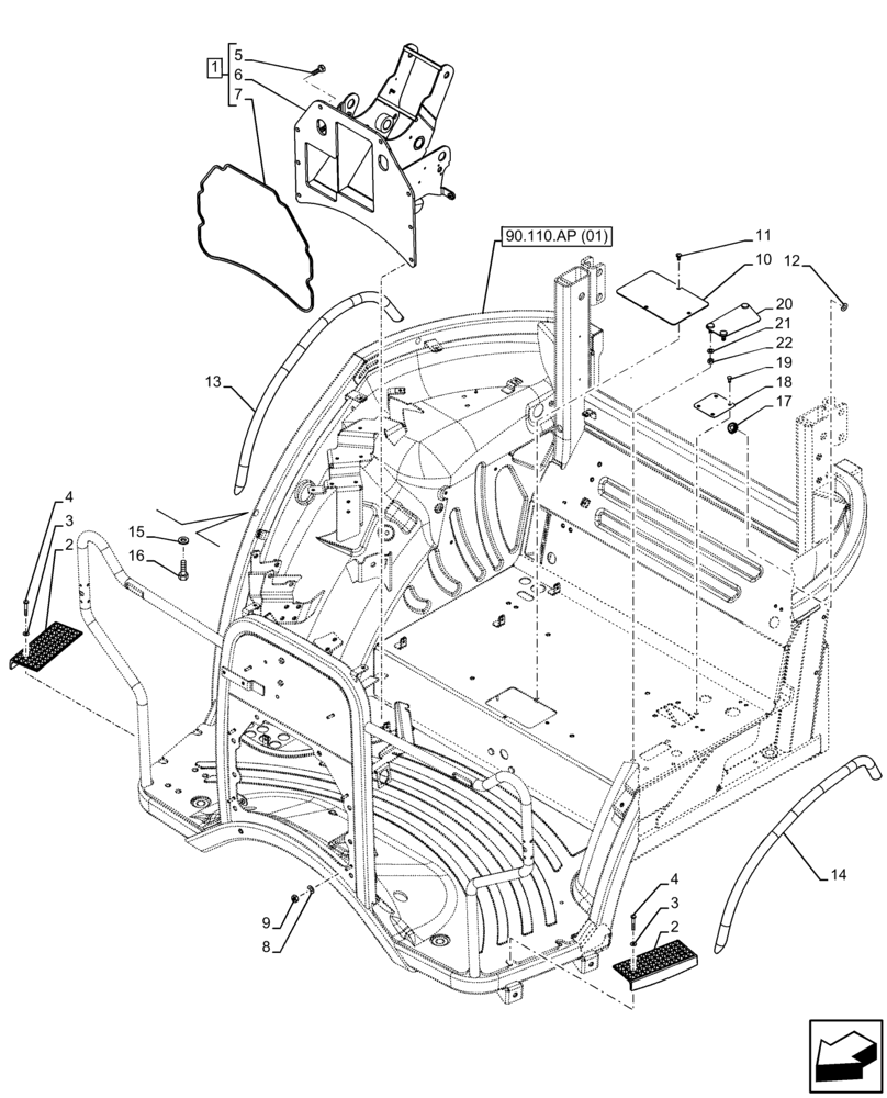 Схема запчастей Case IH FARMALL 75C - (90.110.AP[02]) - VAR - 392315, 334187, 334190 - PLATFORM, SPARK ARRESTER, HANDLE, W/O CAB (90) - PLATFORM, CAB, BODYWORK AND DECALS