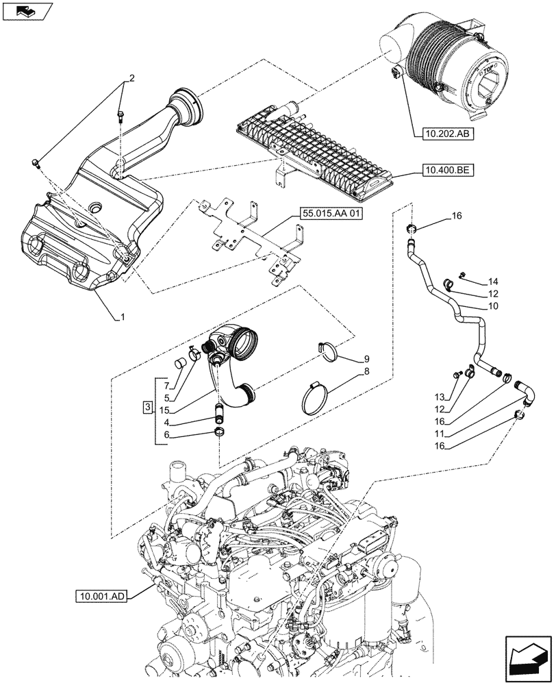 Схема запчастей Case IH FARMALL 105U - (10.202.AD[04]) - STD + VAR - 390335 - AIR DUCTS & HOSES, AIR CLEANER (LESS PNEUMATIC TRAILER BRAKE) (10) - ENGINE