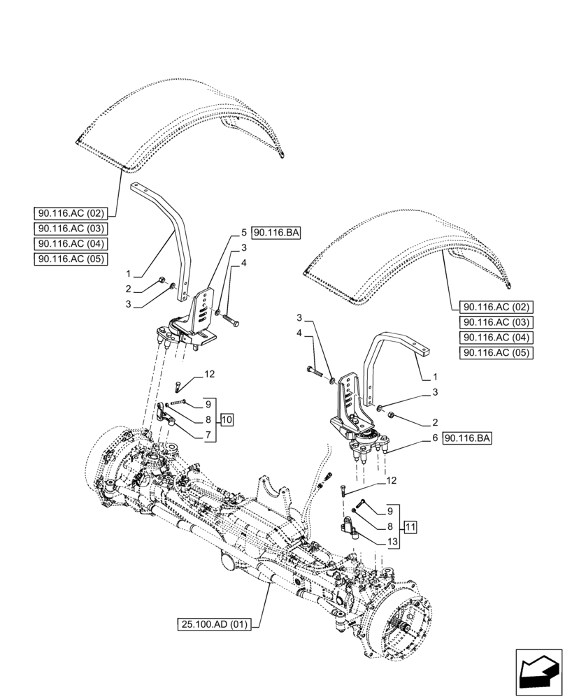 Схема запчастей Case IH PUMA 185 CVT - (90.116.AC[01]) - VAR - 758177, 758178, 758179, 758180 - DYNAMIC FRONT FENDER, SUPPORT (90) - PLATFORM, CAB, BODYWORK AND DECALS