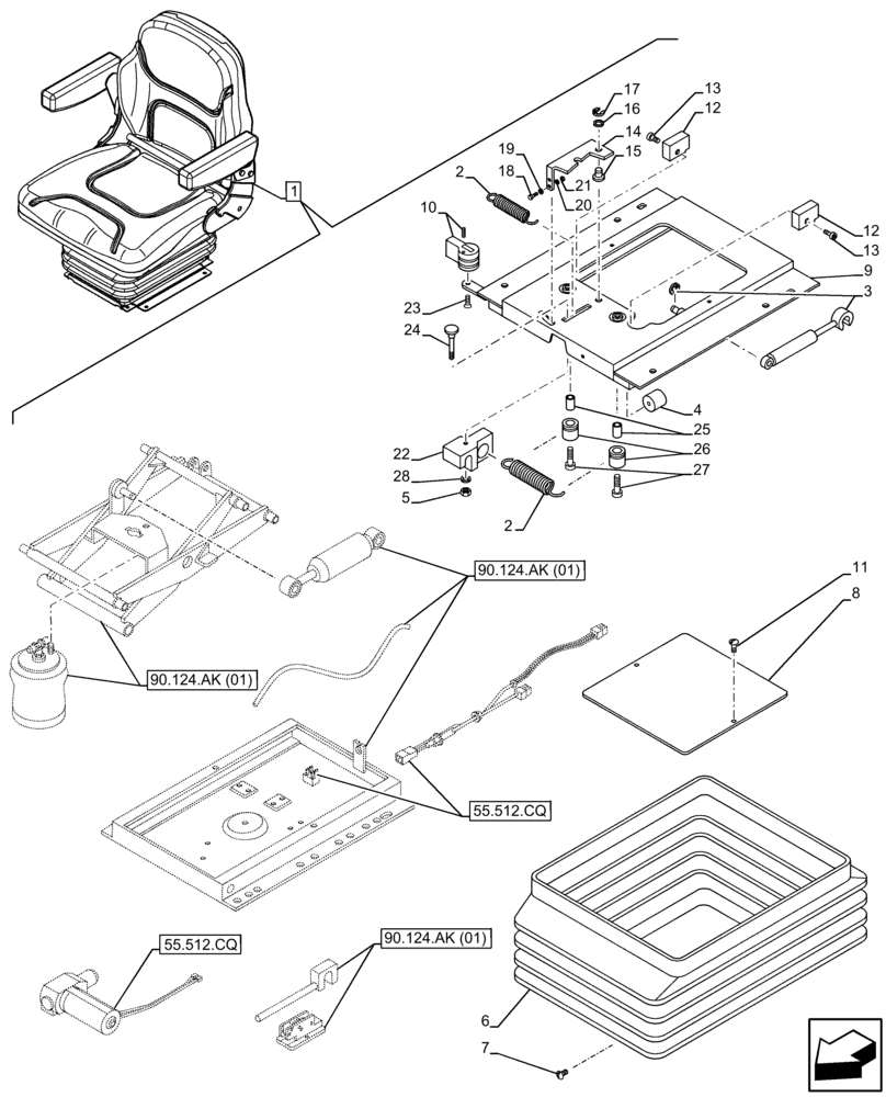 Схема запчастей Case IH FARMALL 105C - (90.124.AK[02]) - VAR - 331850 - DRIVER SEAT (W/ ARMREST), SUSPENSION, COMPONENTS, CAB (90) - PLATFORM, CAB, BODYWORK AND DECALS