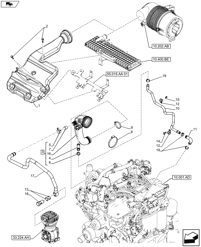 Схема запчастей Case IH FARMALL 115U - (10.202.AD[03]) - VAR - 330335, 331335 - AIR DUCTS & HOSES, AIR CLEANER, ISO (PNEUMATIC TRAILER BRAKE) (10) - ENGINE
