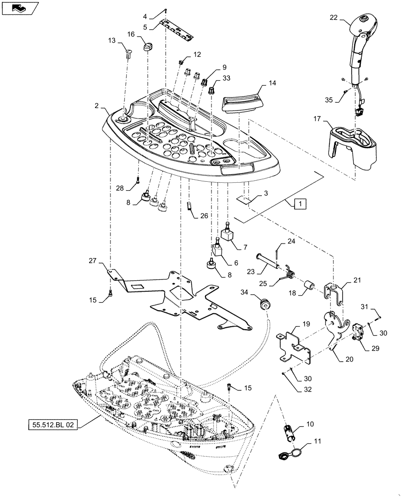 Схема запчастей Case IH 7140 - (55.512.BL[01]) - CONTROL PANEL, CONTROL LEVER, RH (55) - ELECTRICAL SYSTEMS
