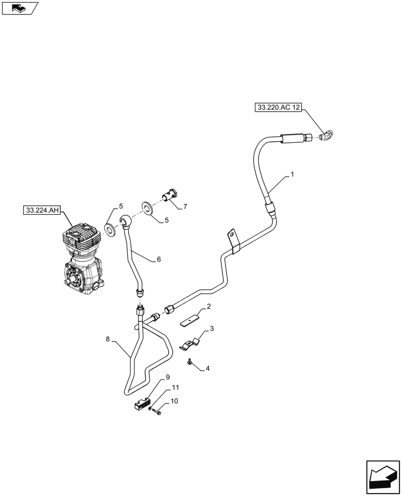 Схема запчастей Case IH FARMALL 115U - (33.224.AM[02]) - VAR - 330335, 331335 - COMPRESSOR, LUBRICATION LINE, DELIVERY PIPE, ISO (33) - BRAKES & CONTROLS
