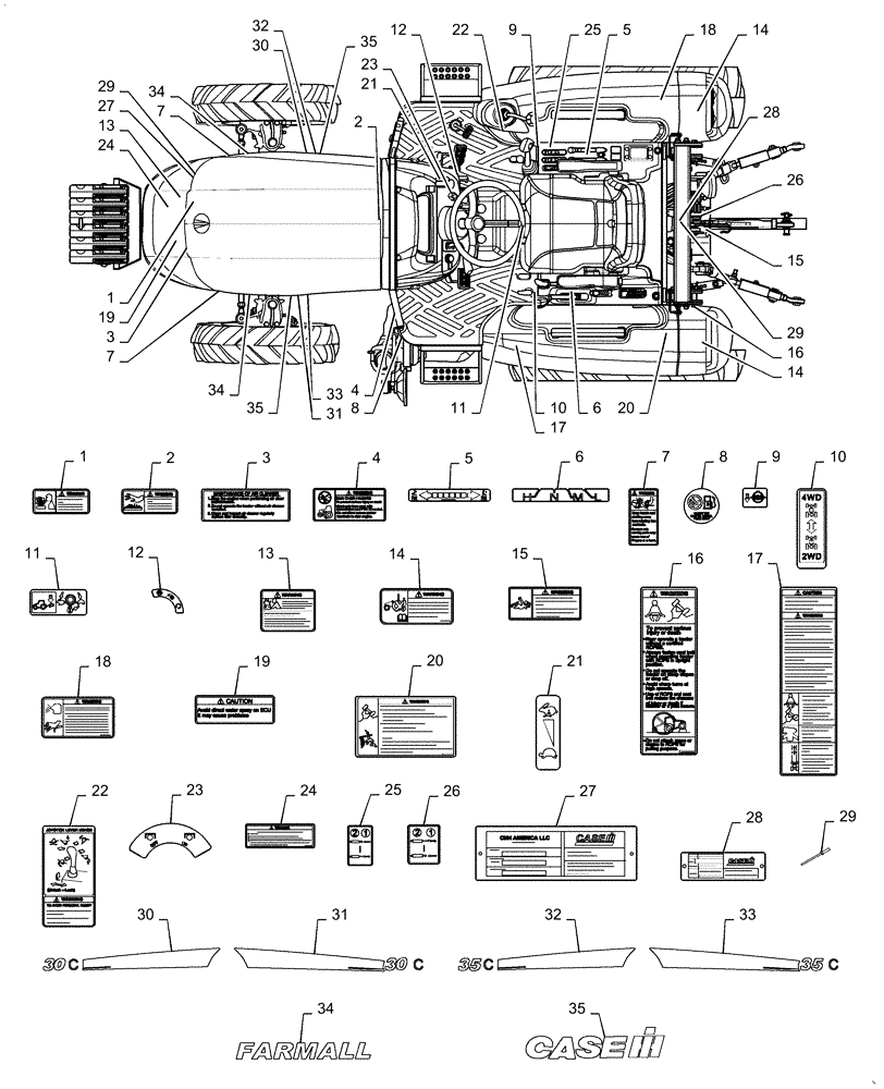 Схема запчастей Case IH FARMALL 30C - (90.108.AD) - MODEL AND SAFETY DECALS (90) - PLATFORM, CAB, BODYWORK AND DECALS