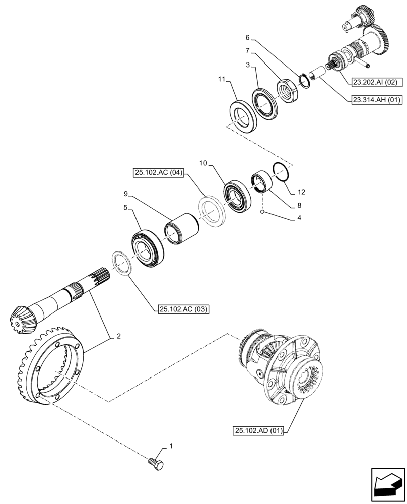 Схема запчастей Case IH FARMALL 105C - (25.102.AC[06]) - VAR - 390328, 743559, 744580, 744990 - FRONT AXLE, BEVEL GEAR, 4WD (25) - FRONT AXLE SYSTEM