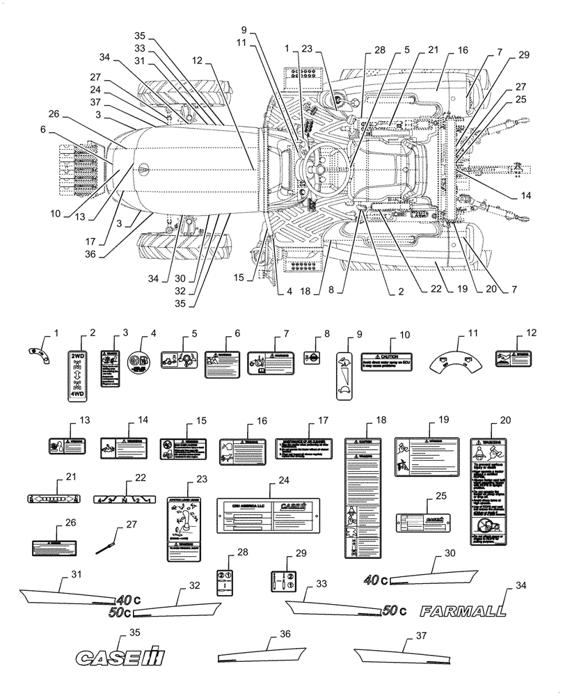 Схема запчастей Case IH FARMALL 40C - (90.108.AD) - MODEL AND SAFETY DECALS (90) - PLATFORM, CAB, BODYWORK AND DECALS