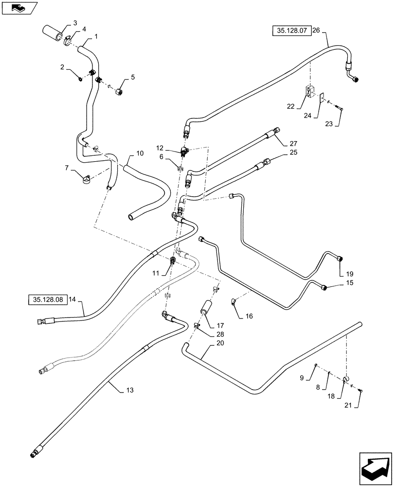 Схема запчастей Case IH STEIGER 400 - (35.128.09) - 315 / 425 SERIES AXLE LUBE W/DIFF LOCK-HOSE & FITTING LAYOUT HOMOLOGATION (35) - HYDRAULIC SYSTEMS