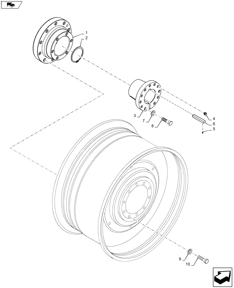 Схема запчастей Case IH MAGNUM 370 - (44.520.AB[03]) - VAR- 429358 - REAR WHEEL, HUB ASSY, 10X335 5" HD AXLE - SHORT KEY (44) - WHEELS