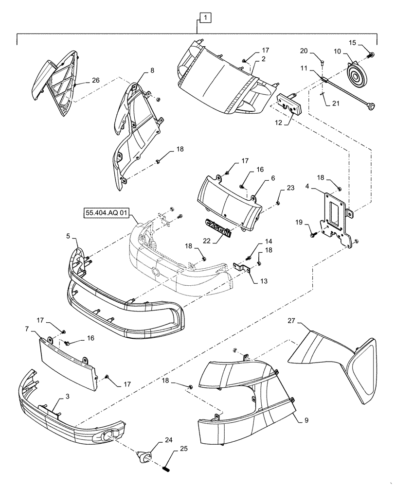 Схема запчастей Case IH FARMALL 50C - (90.100.AB) - FRONT GRILLE ASSY (90) - PLATFORM, CAB, BODYWORK AND DECALS