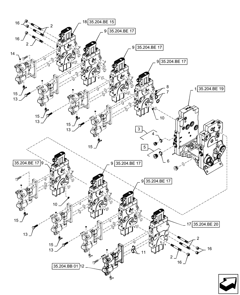 Схема запчастей Case IH QUADTRAC 620 - (35.204.BE[12]) - AUXILIARY CONTROL VALVE, 8-SPOOL (35) - HYDRAULIC SYSTEMS