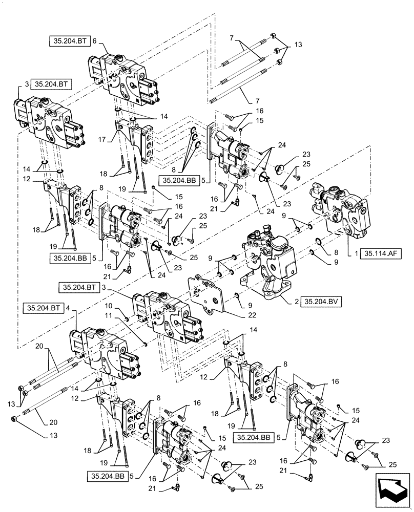 Схема запчастей Case IH MAGNUM 180 - (35.204.BE[04]) - REMOTE CONTROL VALVE, 4 CONTROL VALVES, W/O POWER BEYOND (35) - HYDRAULIC SYSTEMS