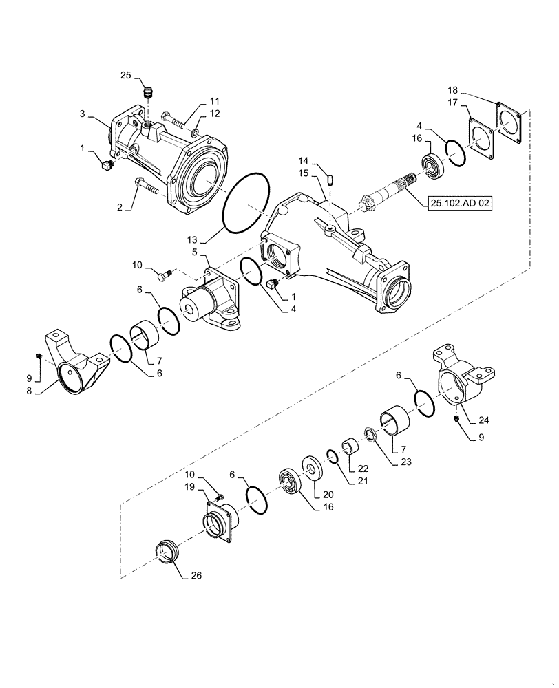 Схема запчастей Case IH FARMALL 40C - (25.102.AJ[03]) - FRONT AXLE HOUSING, CENTER, FARMALL 40C, 50C (25) - FRONT AXLE SYSTEM