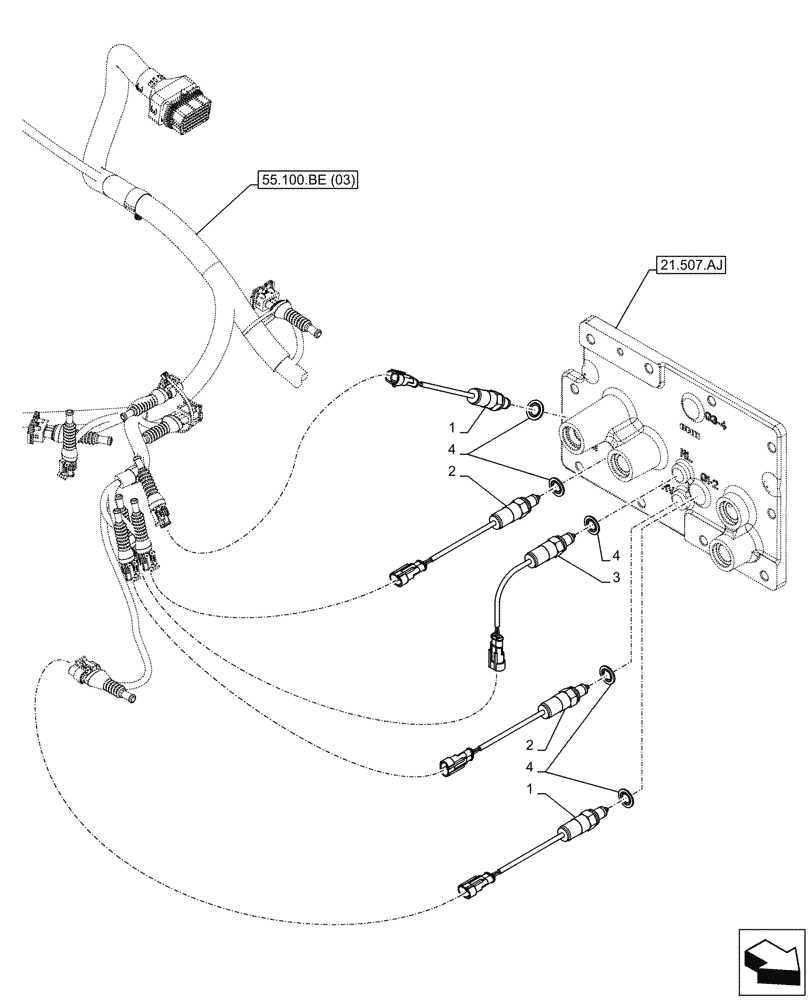 Схема запчастей Case IH FARMALL 105C - (55.020.AB[01]) - VAR - 334177, 390275 - TRANSMISSION, GEARBOX, SENSOR (24X24) (HI-LO) (55) - ELECTRICAL SYSTEMS