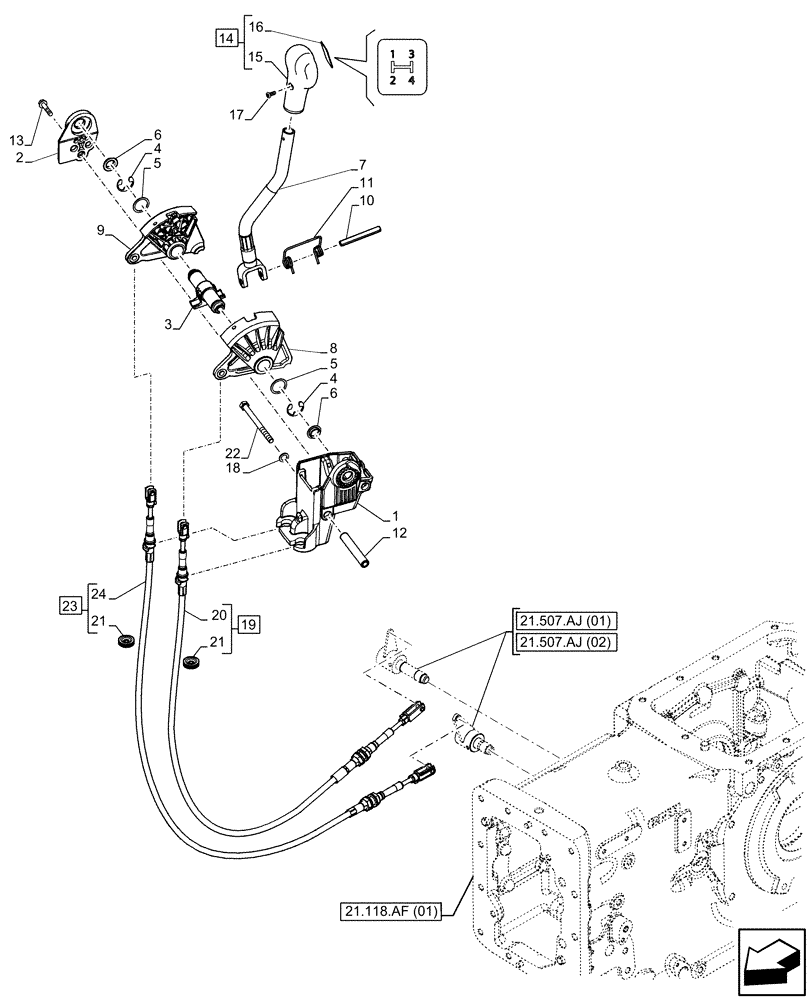 Схема запчастей Case IH FARMALL 105C - (21.134.AI[03]) - VAR - 330276, 334176, 743546, 744576 - TRANSMISSION, CONTROL LEVER, GEARSHIFT (12X12) (21) - TRANSMISSION