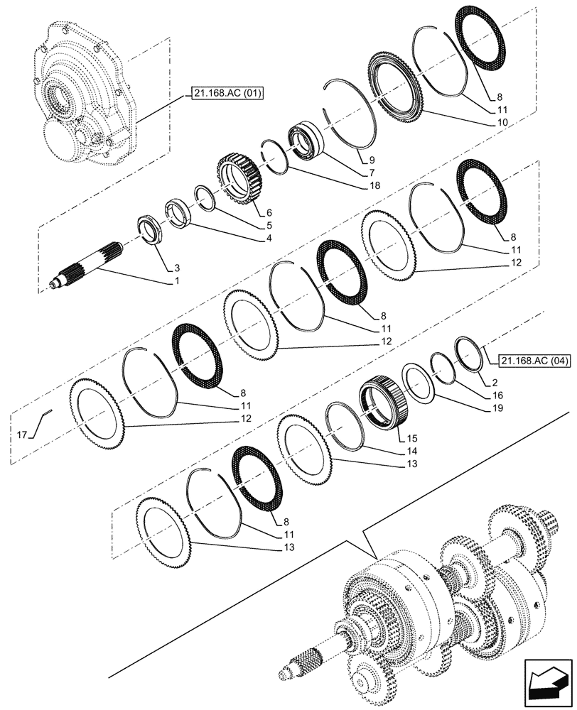 Схема запчастей Case IH FARMALL 85C - (21.168.AC[03]) - VAR - 743552, 743553 - CLUTCH, HI-LO (21) - TRANSMISSION