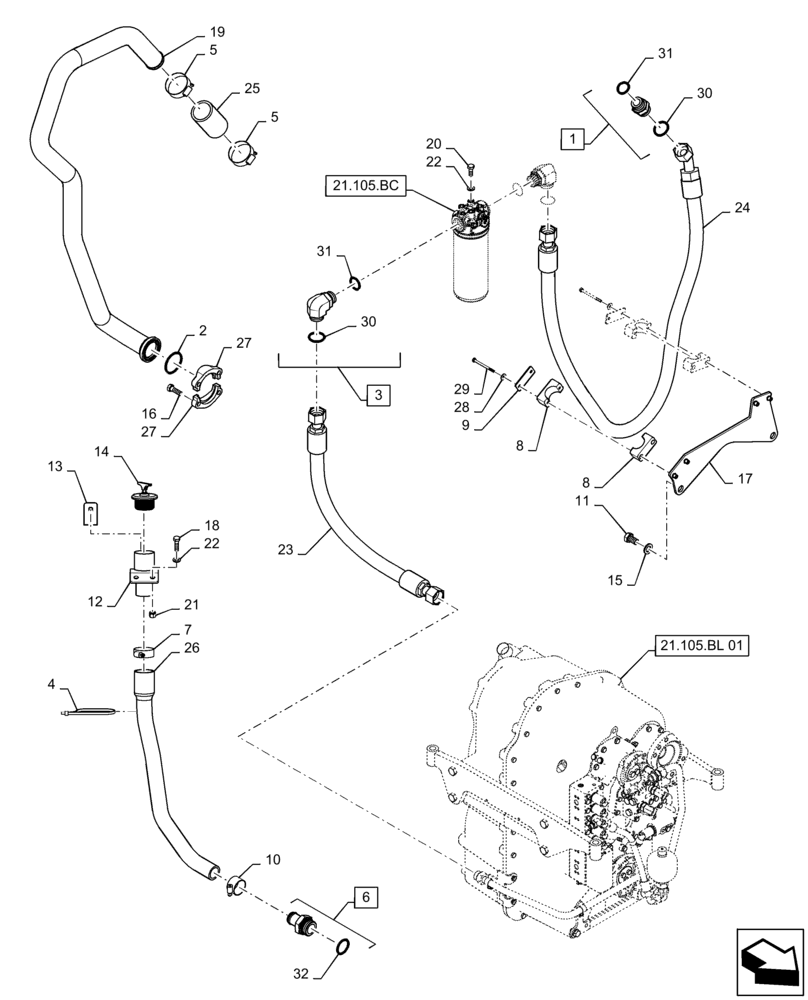 Схема запчастей Case IH STEIGER 370 - (21.105.BL[02]) - TRANSMISSION LUBRICATION LINES, REAR, BSN ZFF308000 (21) - TRANSMISSION