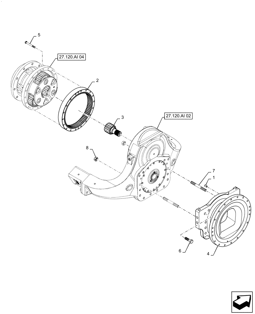 Схема запчастей Case IH QUADTRAC 370 - (25.108.AC[01]) - AXLE HOUSING GEARBOX (25) - FRONT AXLE SYSTEM