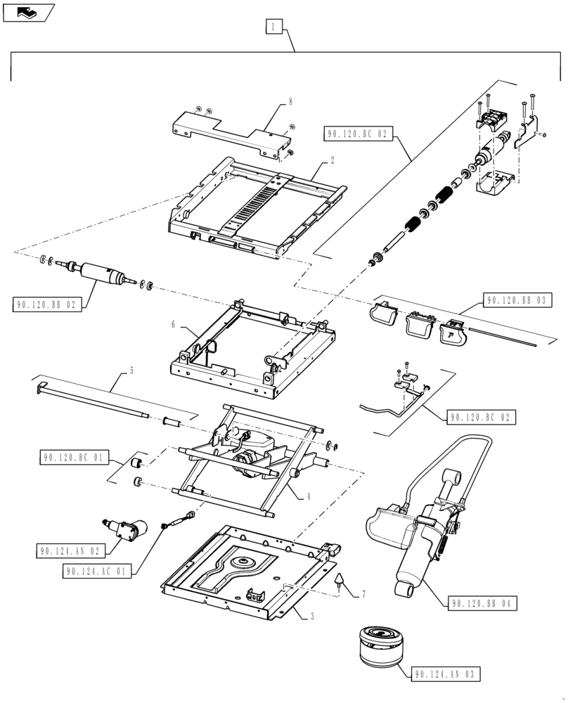 Схема запчастей Case IH MAGNUM 2654 - (90.120.BB[01]) - VAR - 420010, 420012 - SEAT SUSPENSION ASSY - DELUXE OPTION (90) - PLATFORM, CAB, BODYWORK AND DECALS