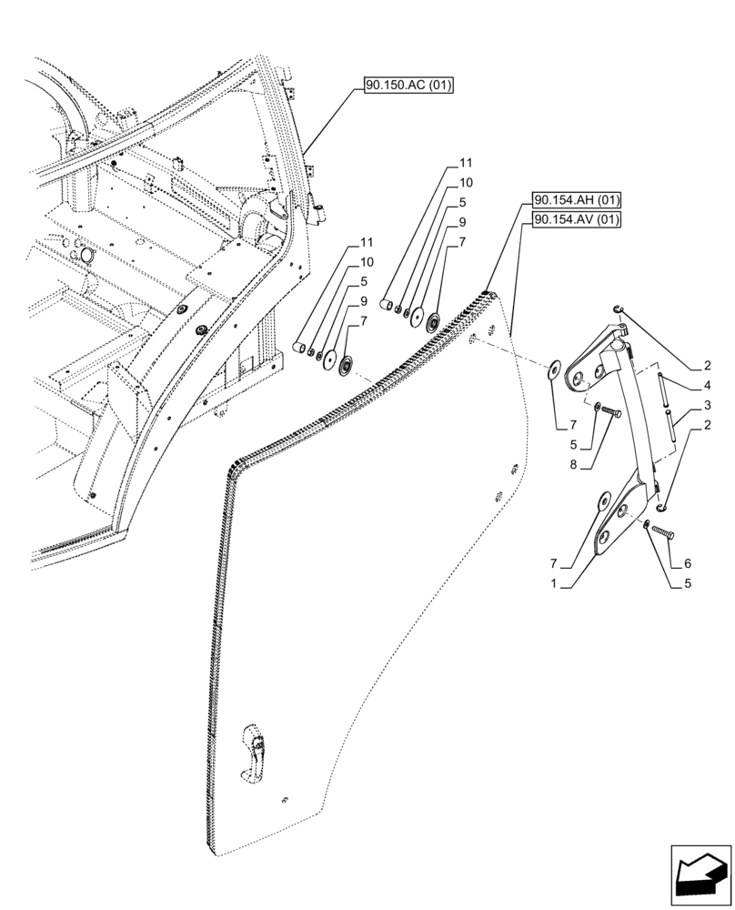 Схема запчастей Case IH PUMA 165 CVT - (90.154.AE[01]) - VAR - 391179, 391233, 758139, 758140, 758141, 758142, 758143, 758145, 758146 - CAB DOOR, HINGE, LH (90) - PLATFORM, CAB, BODYWORK AND DECALS