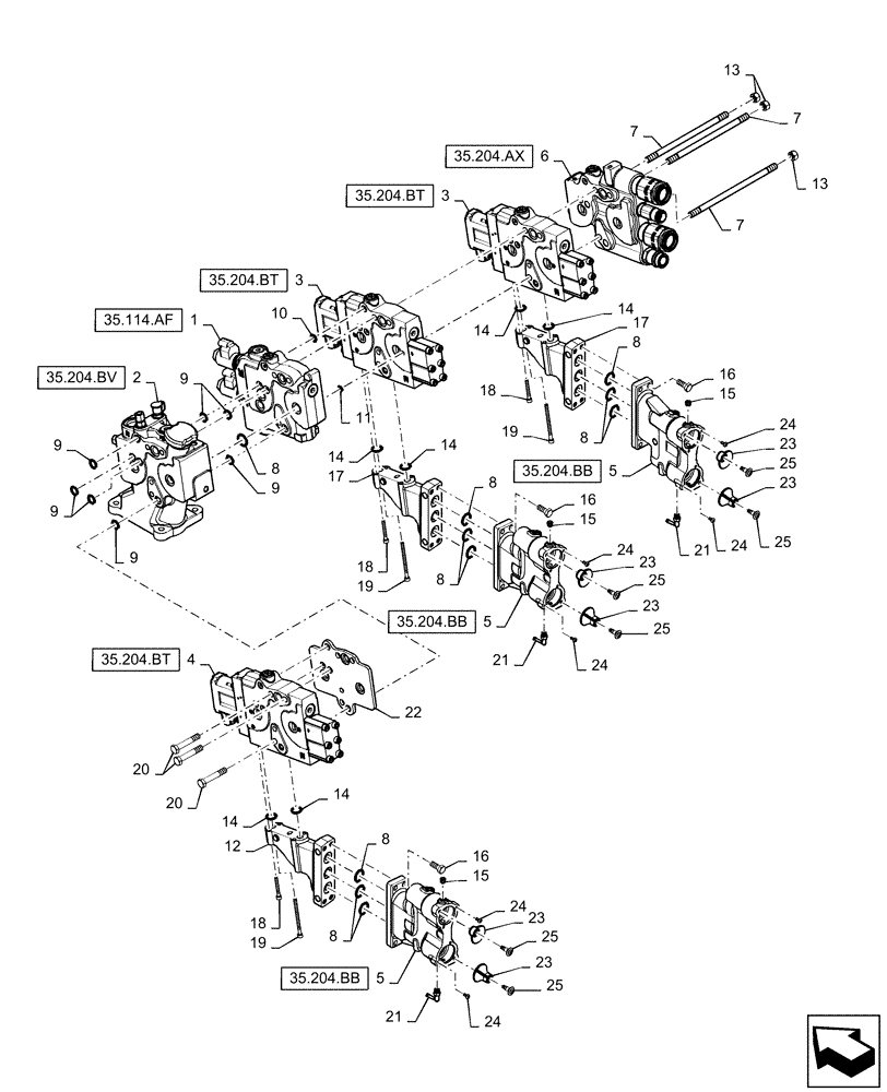 Схема запчастей Case IH MAGNUM 180 - (35.204.BE[01]) - REMOTE CONTROL VALVE, 3 CONTROL VALVES, WITH POWER BEYOND (35) - HYDRAULIC SYSTEMS