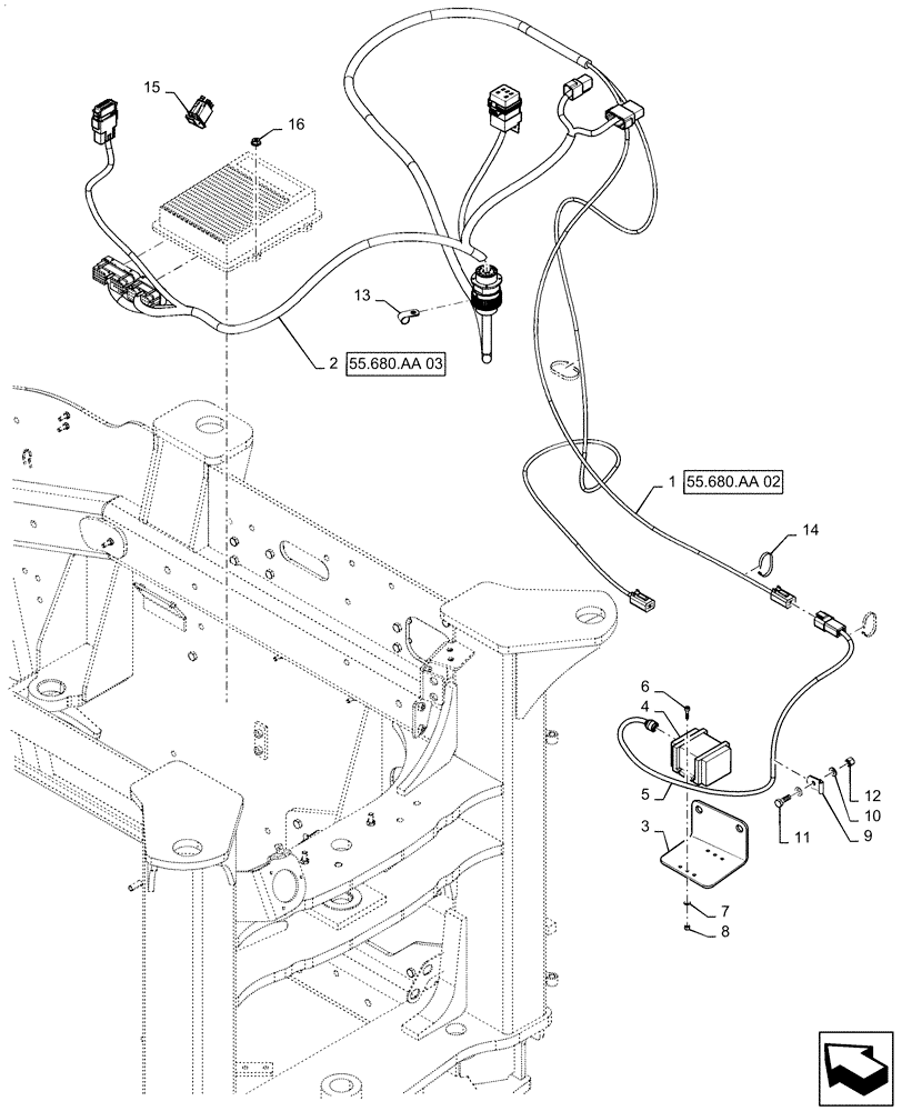 Схема запчастей Case IH QUADTRAC 620 - (55.680.AA[01]) - AUTO GUIDANCE HARNESS MOUNTING, BSN ZFF308000 (55) - ELECTRICAL SYSTEMS