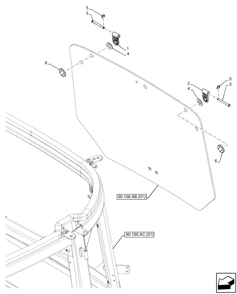 Схема запчастей Case IH FARMALL 105C - (90.156.AD[01]) - VAR - 391606, 743496 - WINDOW, REAR, HINGE, CAB (90) - PLATFORM, CAB, BODYWORK AND DECALS