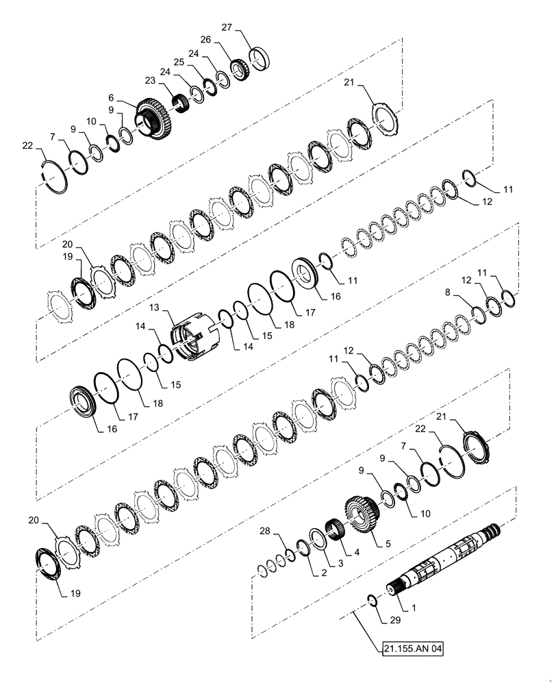 Схема запчастей Case IH MAGNUM 3154 - (21.155.AN[03]) - VAR - 429330, 429331, 429332, 429333 - POWERSHIFT - SPEED TRANSMISSION, OUTPUT SHAFT FRONT CLUTCH (21) - TRANSMISSION