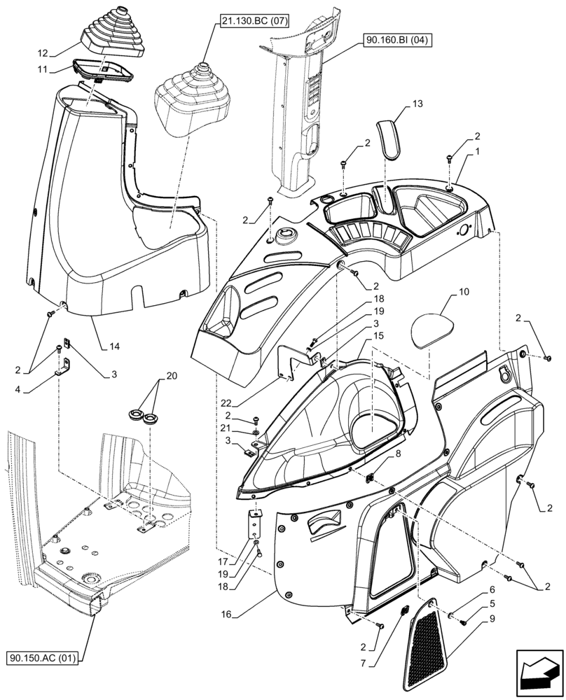 Схема запчастей Case IH FARMALL 85C - (90.160.BL[02]) - VAR - 390124 - CAB, TRIM, RH, CAB (90) - PLATFORM, CAB, BODYWORK AND DECALS