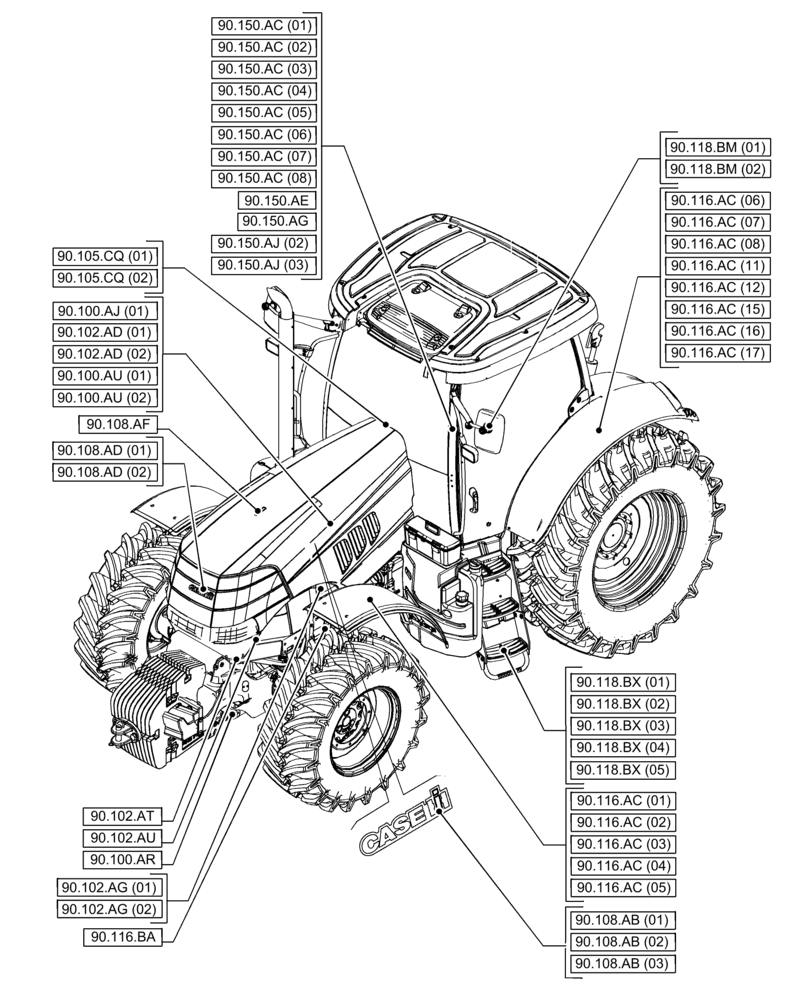 Схема запчастей Case IH PUMA 150 CVT - (90.000.00[01]) - SECTION INDEX - PLATFORM, CAB, BODYWORK AND DECALS (90) - PLATFORM, CAB, BODYWORK AND DECALS