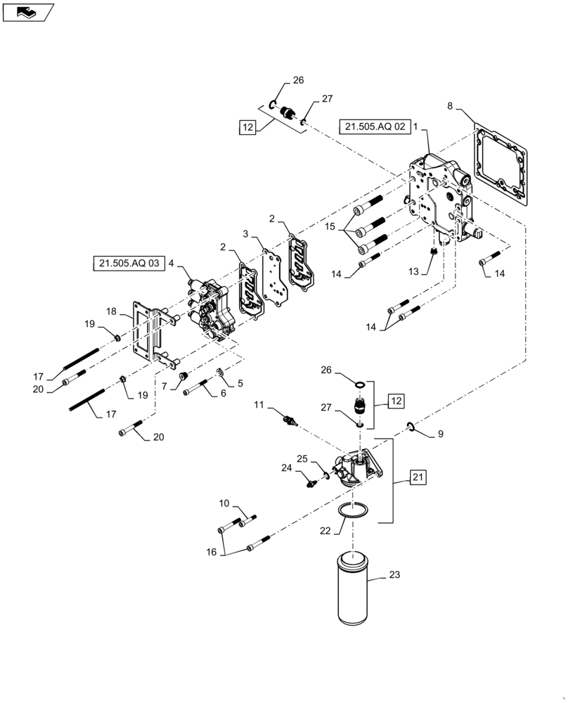 Схема запчастей Case IH MAGNUM 310 - (21.505.AQ[01]) - VAR - 429334, 429335 - TRANSMISSION - CVT - REGULATOR VALVE W/MANIFOLD (21) - TRANSMISSION