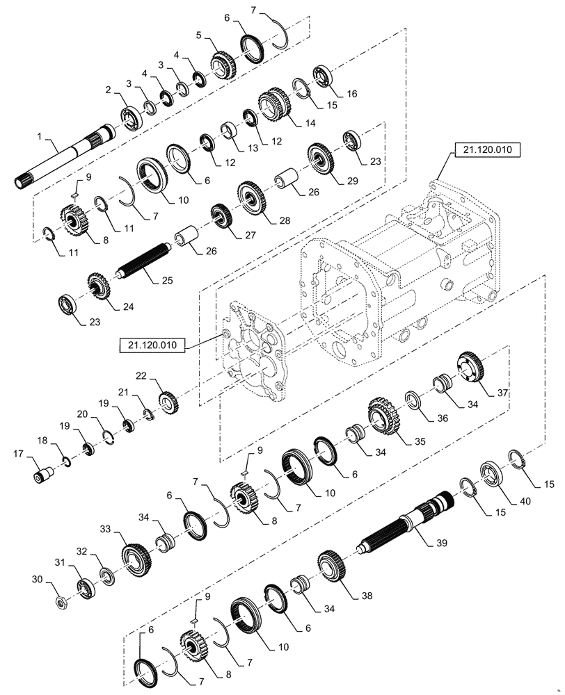 Схема запчастей Case IH FARMALL 40C - (21.140.010) - MAIN SHAFT, MECHANICAL TRANSMISSION (21) - TRANSMISSION