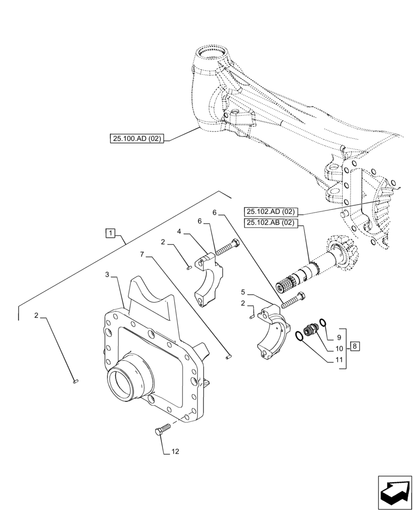 Схема запчастей Case IH PUMA 150 CVT - (25.102.AC[02]) - VAR - 758045 - FRONT AXLE, SUSPENDED, DIFFERENTIAL CARRIER (25) - FRONT AXLE SYSTEM
