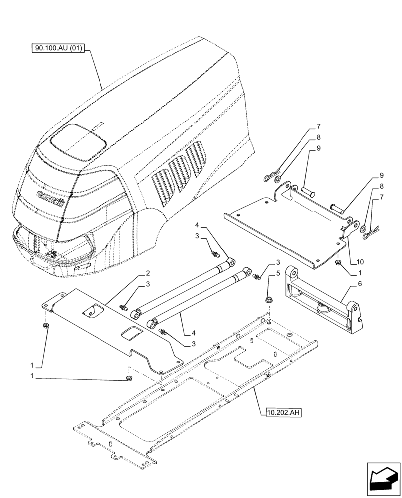 Схема запчастей Case IH PUMA 165 - (90.102.AD[02]) - VAR - 391216, 758207, 758208, 758210 - HOOD, SUPPORTING ARM (90) - PLATFORM, CAB, BODYWORK AND DECALS
