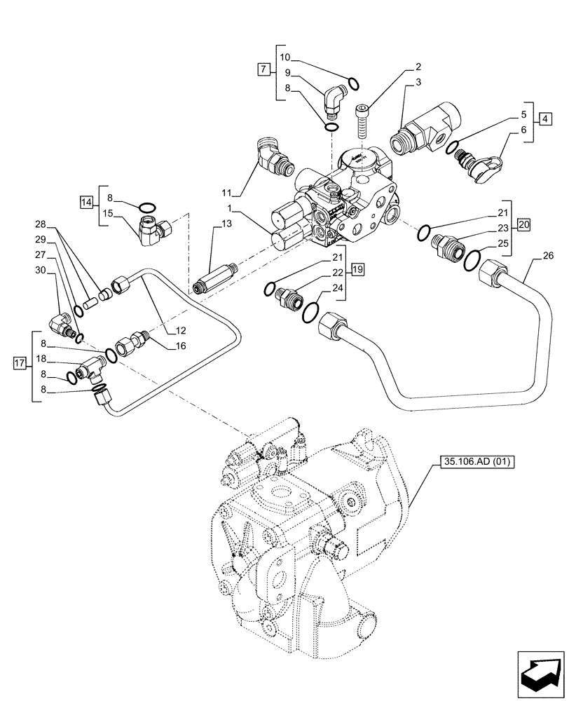 Схема запчастей Case IH PUMA 165 - (35.100.AZ[02]) - VAR - 758037, 758039, 758040, 758042, 758044 - PRIORITY VALVE, POWERSHIFT (35) - HYDRAULIC SYSTEMS