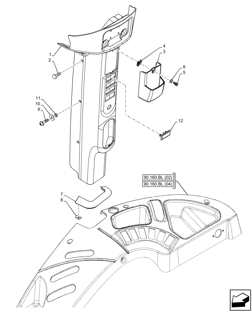 Схема запчастей Case IH FARMALL 85C - (90.160.BI[04]) - VAR - 390124 - CAB, TRIM, PILLAR, RH, CAB (90) - PLATFORM, CAB, BODYWORK AND DECALS